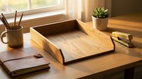Wooden desk organizer tray on office workspace with notebook, plant and stationery items in warm natural sunlight for productivity and organization.