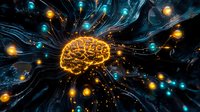 Glowing orange brain with radiating light streams and turquoise spheres on dark background, representing artificial intelligence and neural networks in technology.