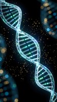 Glowing DNA double helix structure with luminous particles on dark background for biotechnology and genetic research applications.