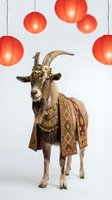 Goat dressed in ornate traditional costume with golden jewelry and decorative vest under hanging red paper lanterns for Chinese New Year celebration.