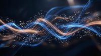 Abstract flowing energy waves with blue and orange light trails and glowing particles on dark background, suitable for technology, digital innovation, and motion graphics design projects.