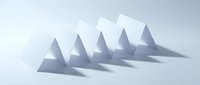 Geometric cone shapes arranged in a row casting shadows on white surface, suitable for abstract backgrounds, business concepts, and modern design projects.