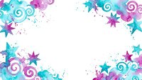 Colorful stars and swirls with watercolor splashes in turquoise, magenta, and purple tones on white background. Suitable for festive designs, celebrations, and creative projects.