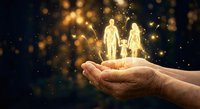 Glowing family silhouettes floating above protective cupped hands with magical golden light particles and bokeh effects on dark background.