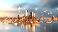 Golden cityscape with modern skyscrapers reflecting in calm water at sunset, dreamy urban panorama with bokeh lights and soft focus effect for business backgrounds.