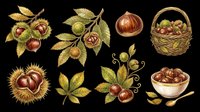 Autumn chestnut clipart set with branches, leaves, basket, and bowl, isolated on transparent background. Great for fall T-shirts, stickers, and print on demand.