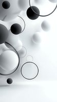 Abstract monochrome composition with floating spheres and circles in black and white creating depth and movement against light background.
