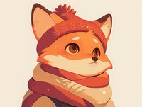 Adorable fox character wearing winter knit hat and cozy scarf, illustrated in warm orange and brown tones with soft shading on light background.