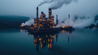 Offshore oil drilling platform at dusk with illuminated structure reflecting in calm waters surrounded by dramatic cloudy sky and mountainous coastline.