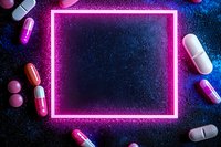 Glowing neon pink square frame with scattered medical pills and capsules on dark textured background with blue lighting effects creates modern pharmaceutical composition.