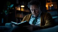 Senior Caucasian man in mustard cardigan reading book in dim evening light, sitting comfortably on couch. Moody atmospheric lighting creates cozy ambiance for relaxation.