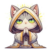 Cute cartoon cat character in monk robe with glowing green eyes and hood, praying pose with paws together against white background, suitable for gaming or mascot design.