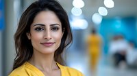 Young Middle Eastern businesswoman in yellow blazer smiling confidently at camera with blurred office background and bokeh lights, representing success and leadership.