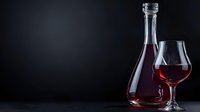 Red wine in elegant decanter and glass against dark background with dramatic lighting and reflective surface, luxury beverage photography for restaurant menus.