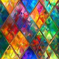 Vibrant diamond pattern with kaleidoscopic colors in stained glass style featuring rich blues, yellows, oranges and greens creates seamless geometric background.