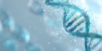 Turquoise DNA helix structure with glowing particles on soft blue background, representing genetic research and biotechnology advancement.