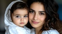 Young Middle Eastern mother and daughter share tender moment, with little girl wearing white headscarf and mother showing gentle smile against dark background.
