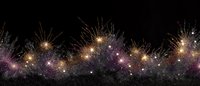 Sparkling fireworks display against dark night sky creating festive border with golden bursts and purple sparkles, seamless horizontal pattern for celebration designs.