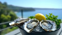 Fresh oysters on crushed ice garnished with lemon and parsley, served on dark plate against blurred coastal background, luxury seafood presentation.