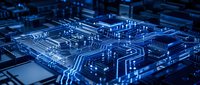 Close-up of blue circuit board with glowing pathways and microchip components, representing technology, data processing, and digital innovation for tech industry applications.