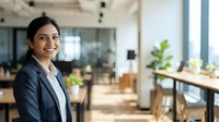 Young South Asian woman wearing dark blazer and light blue shirt, smiling at camera in modern office environment with wooden desks, green plants, and natural light for corporate business portraits.