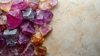 Raw colorful fluorite crystals arranged on textured beige background, purple, pink and orange mineral specimens with rough surfaces and translucent edges.