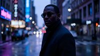Adult male, African descent, wearing dark sunglasses and navy coat, standing on wet urban street at night with neon lights and blurred city buildings in background, suitable for lifestyle, fashion, and urban concept projects.