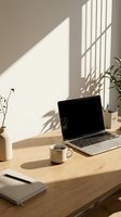 Minimalist home office workspace with laptop, coffee mug and plant on wooden desk. Natural sunlight creates geometric window shadows on neutral wall.