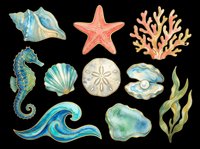 Ocean clipart set with seahorse, starfish, shells, coral, wave, and seaweed, isolated on transparent background. Great for stickers, T-shirts, and print on demand.