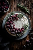Festive cheesecake with frosted raspberries and fresh rosemary sprigs on rustic wooden table, moody food photography for winter holiday dessert menu.