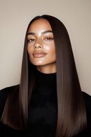 Young mixed race woman with long straight brown hair and glowing skin wearing black turtleneck against neutral beige background, beauty portrait.