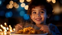 Young mixed race boy smiling with excitement at glowing plate of food during evening celebration with bokeh lights in background, capturing pure joy and anticipation.