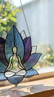 Stained glass lotus flower with meditating figure hanging in window, colorful spiritual art piece for meditation room decor and mindfulness practice.