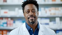 African American male pharmacist in white coat smiling confidently in pharmacy setting with medication shelves in background. Professional healthcare portrait.