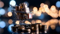 Shopping cart filled with miniature cardboard boxes balanced on stacked coins against blurred golden bokeh lights, representing e-commerce and online shopping costs.