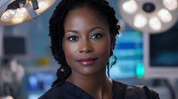 African American female doctor in operating room with surgical lights, wearing navy scrubs and confident expression. Professional medical portrait for healthcare marketing.