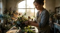 Middle-aged woman with light skin tone arranging fresh flowers and foliage in vase by sunlit window in plant-filled room. Florist or gardener at work.