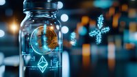 Glowing cryptocurrency symbols with Bitcoin and Ethereum icons floating in glass jar against blurred bokeh background, futuristic financial technology concept.
