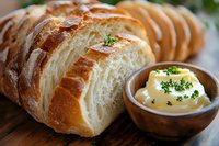 Fresh baked crusty artisan bread loaf sliced to show flaky layered texture, served with herb butter in wooden bowl on rustic wooden surface.