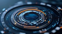 Futuristic circular interface with glowing blue and orange elements creates dynamic technological composition against dark background for digital design projects.