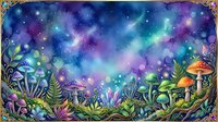 Enchanted forest floor with glowing mushrooms, vibrant flora, and magical starry night sky in purple, blue, and teal tones. Fantasy woodland scene.