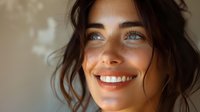 Young woman with bright smile and mesmerizing blue eyes looking up, natural sunlight illuminating her glowing skin and dark wavy hair against blurred background.