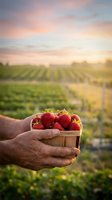 Fresh ripe strawberries in wooden basket held by farmer hands at sunset with vineyard rows in background for organic farming and harvest concepts.
