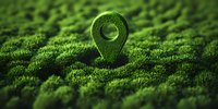 Green location pin marker on moss textured background with soft bokeh effect, representing eco-friendly navigation and sustainable technology concept.