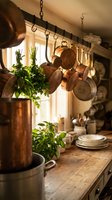 Rustic farmhouse kitchen with copper pots hanging from wrought iron rack, fresh herbs and vintage cookware on wooden counter creating cozy culinary atmosphere.