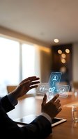 Business professional using holographic interface technology with digital icons and connectivity symbols in modern office environment.