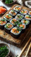 Fresh salmon and avocado sushi rolls garnished with sesame seeds and green onions, arranged on rustic wooden board. Close-up view shows vibrant filling and nori wrapping.