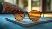 Stylish round tortoiseshell sunglasses with amber lenses resting on light gray notebook against turquoise surface in soft natural lighting, creating modern lifestyle scene.