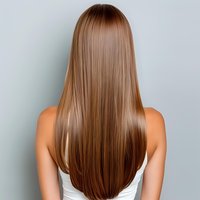 Long straight brown hair from back view on young woman wearing white top against light background, showing healthy shiny hairstyle after salon treatment.