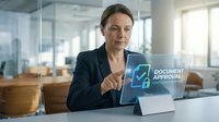 Middle-aged woman, Caucasian ethnicity, business professional wearing dark blazer, pointing at holographic document approval interface with checkmark symbol in modern office environment with glass partitions and natural lighting.